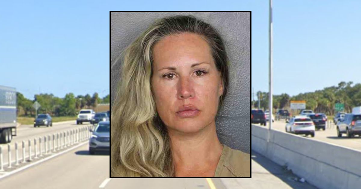 Inset: Amy A. Baker (Broward Jail). Background: The area on I-95 where Baker allegedly bit off part of her husband's ear as he drove (Google Maps).