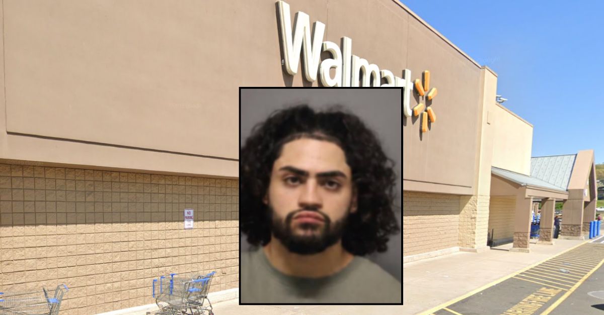 Inset: Darel Hernandez Vargas (Wallingford Police Department). Background: The Connecticut Walmart where Vargas allegedly beat another man unconscious (Google Maps).