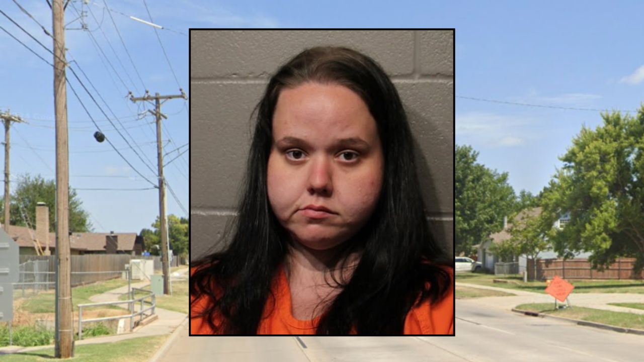 Inset: Samantha Pearson (Moore County Jail). Background: The area in Oklahoma where Pearson ran her home daycare (Google Maps).