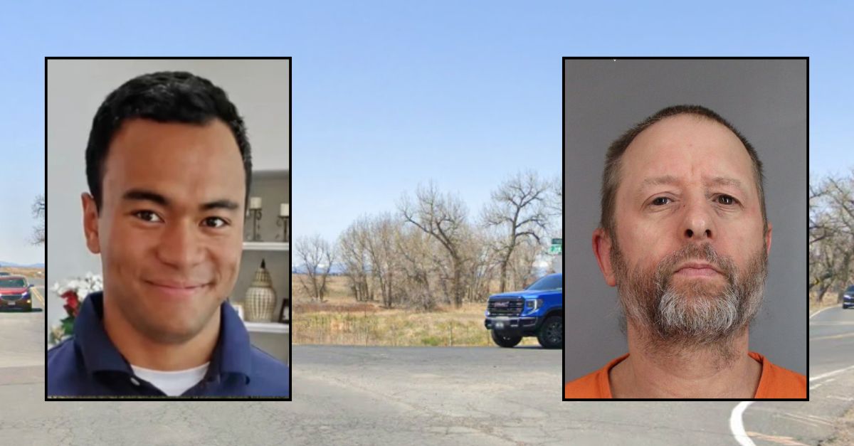 Inset, left to right: Arthur Williams (Jordan Ward/KUSA) and Jamie Gardner (Aurora PD). Background: The area in Colorado where Gardner allegedly hit and killed Williams (Google Maps).