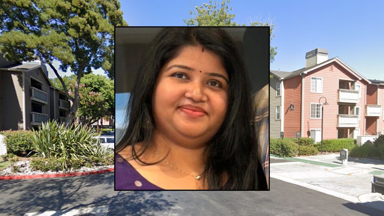 Inset: Anjana Hari (GoFundMe). Background: The apartment complex where Hari was allegedly killed by another woman (Google Maps).