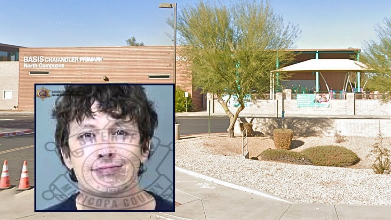 Inset: Daniel Lamb (Maricopa County Sheriff's Office). Background: The Arizona elementary school that Daniel Lamb allegedly threatened to target (Google Maps).