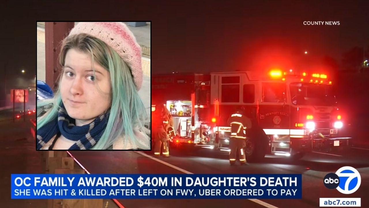 Inset: Emily Normandin-Parker (Panish Shea Ravipudi LLP). Background: California first responders in the area where Emily Normandin-Parker was struck and killed (KABC/YouTube).