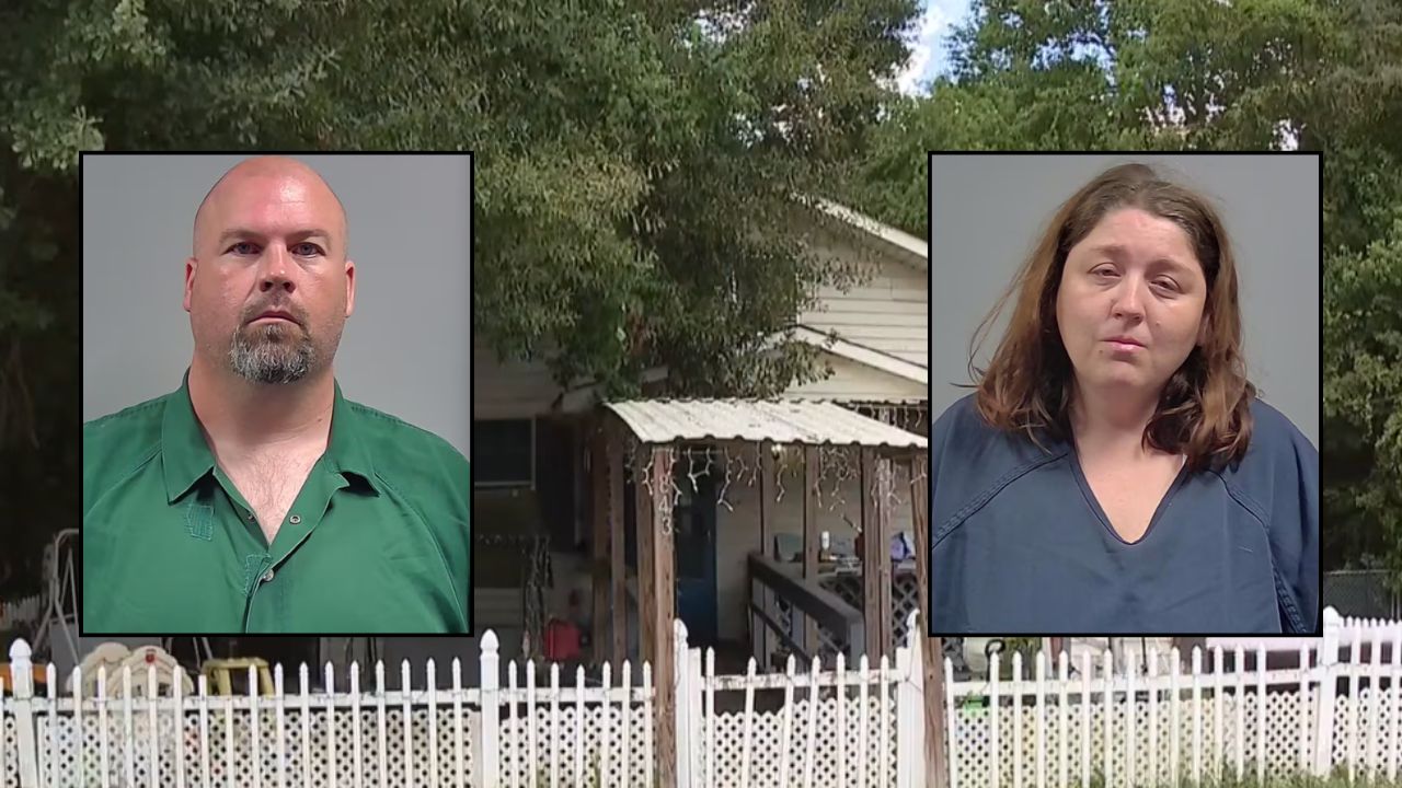 Inset, left to right: Eric McClure and Cynthia Tedder(Escambia County Jail). Background: The Alabama home where the couple allegedly abused their daughter (Google Maps).