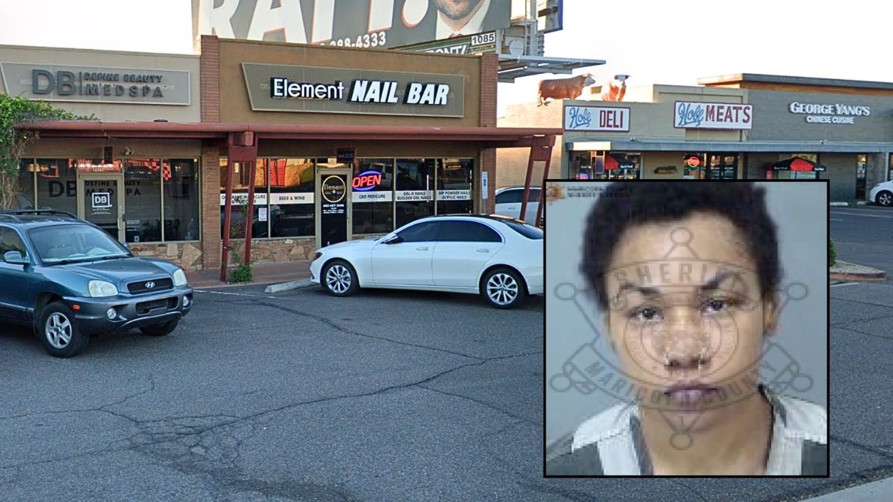 Inset: Essence Mire (Maricopa County Sheriff's Office). Background: The Arizona nail salon where Essence Mire allegedly went berserk over a $15 fingernail repair (Google Maps).