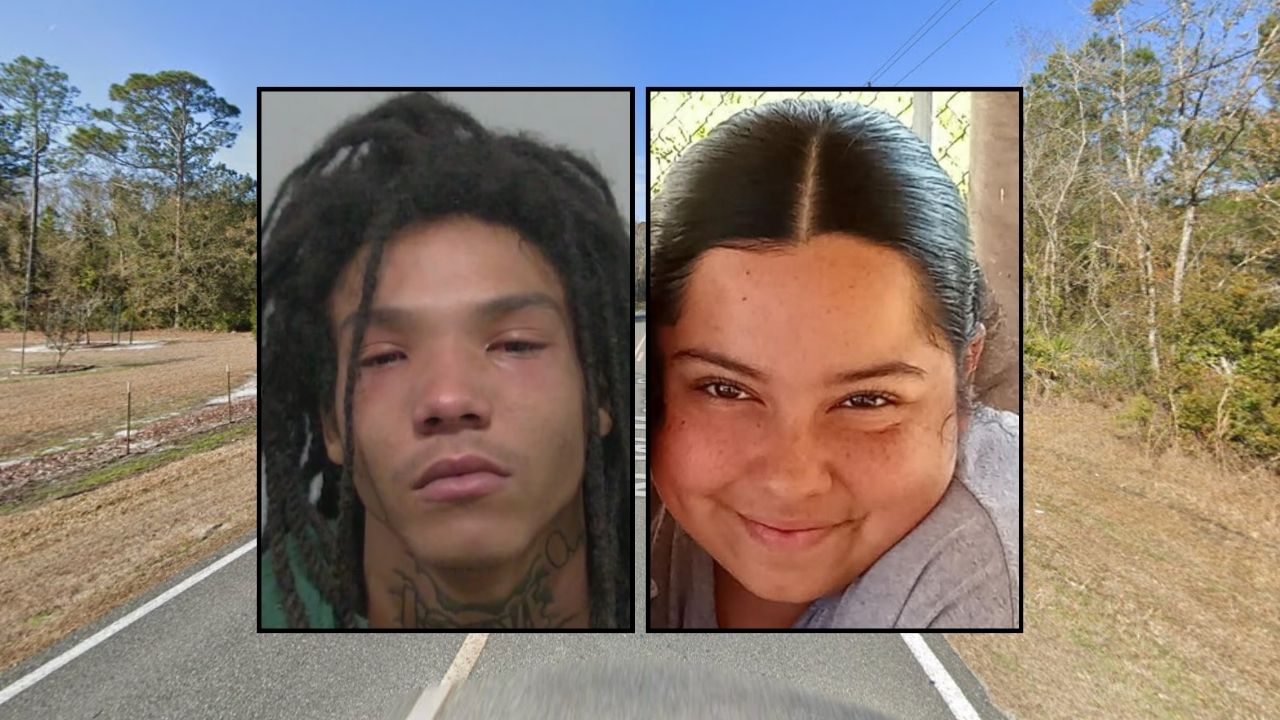 Left inset: Isaiah Campbell (Columbia County Sheriff's Office). Right inset: Nicole Lopez (WTLV/YouTube). Background: The area where Isaiah Campbell and Nicole Lopez were staying when Campbell allegedly killed Lopez (Google Maps).