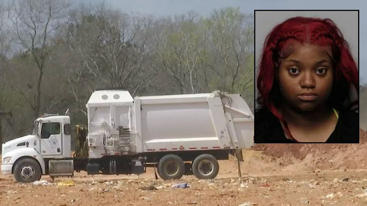 Inset: Jakayla Ashanti Williams (Dothan Police Department). Background: The dump in Alabama where the baby's body was recovered (KFYR).