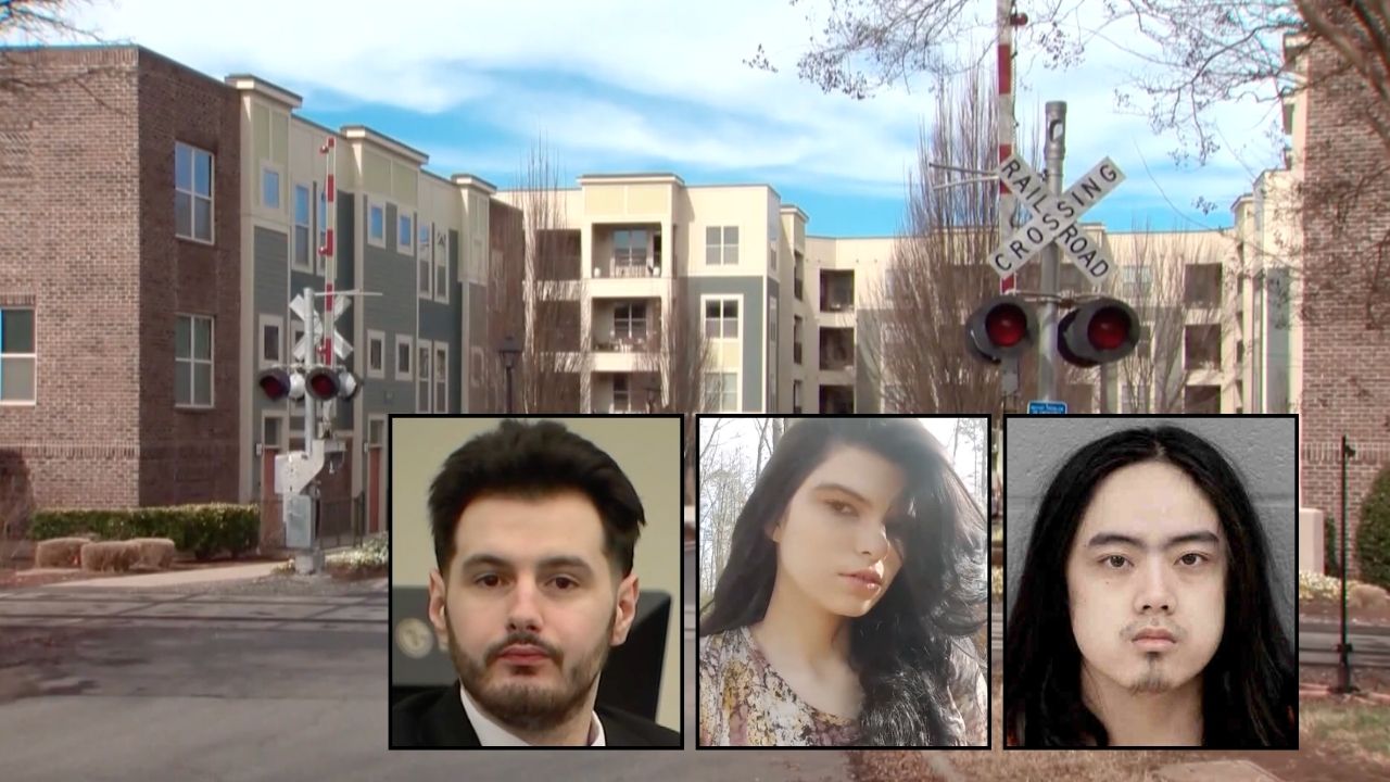 Left inset: James Salerno in court (WCNC). Center inset: Mary Collins (WCNC). Right inset: Lavi Pham (Mecklenburg County Sheriff's Office). Background: The apartment building that Mary Collins was allegedly lured to in Charlotte, N.C., before being killed (WCNC).