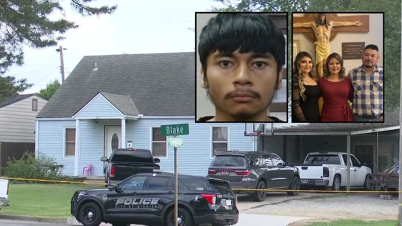 Left inset: Juan Valenzuela-Silva/ (Sedgwick County Sheriff's Office). Right inset, from left to right: Daisy Valenzuela, Brenda Silva-Cervantes and Juan Valenzuela-Ayala (GoFundMe). Background: The home in Wichita, Kan., where Juan Valenzuela-Silva allegedly shot and killed his sister Daisy Valenzuela and their parents, Brenda Silva-Cervantes and Juan Valenzuela-Ayala (KWCH/YouTube).