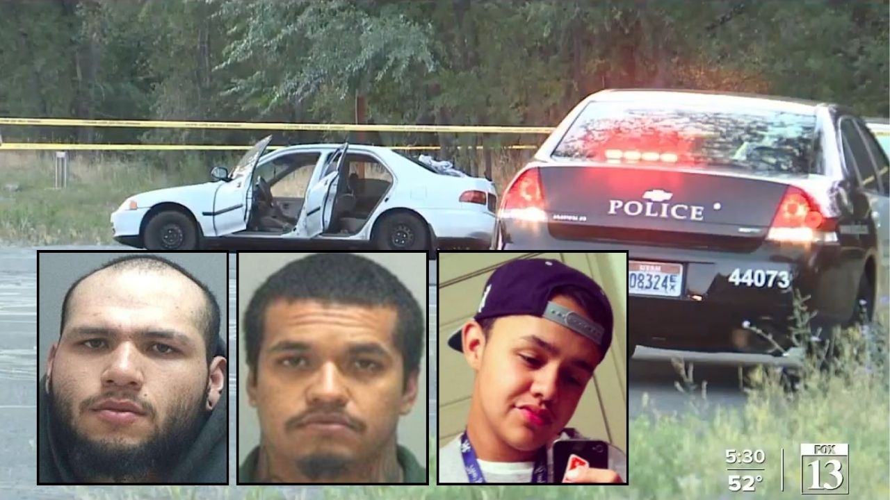 Left inset: Martin Cruz (Salt Lake County Sheriff's Office). Center inset: Fortunato Nato Villagrana (Salt Lake City Police Department). Right inset: Paris Gustin (KTVX). Background: Utah police at the scene of the shooting that left 16-year-old Paris Gustin dead (KSTU/YouTube).
