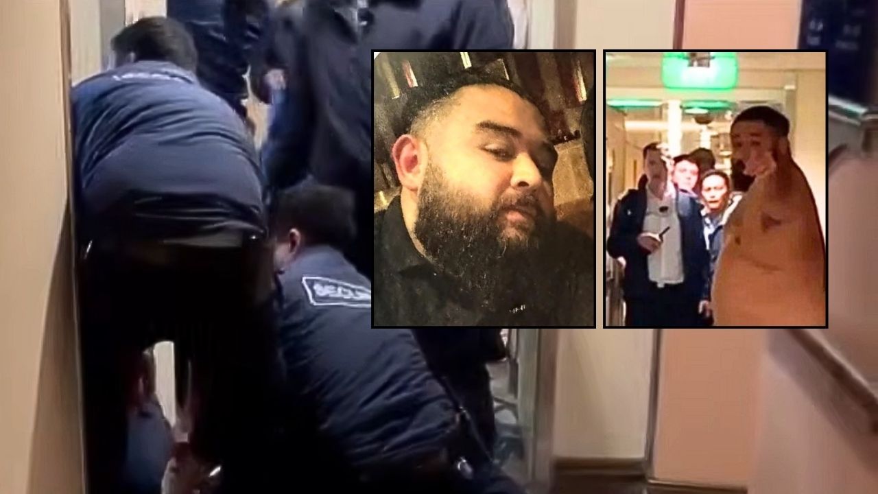 Left inset: Michael Virgil. Right inset: Cellphone video shows Michael Virgil's deadly confrontation with Royal Caribbean security. Background: Royal Caribbean security guards were allegedly caught on video pinning Michael Virgil down (Kherkher Garcia, LLP).