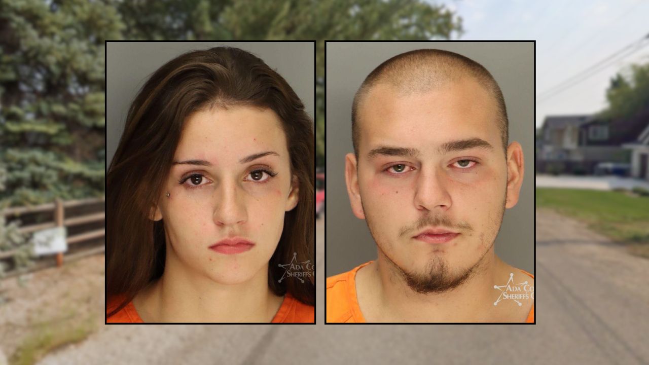 Insets, left to right: Miyah Ford, Isaiah Chavez (Ada County (Idaho) Jail). Background: N. Duncan Lane in Boise, Idaho, where Casey Rayburn, 20, was stabbed to death at a house party on Sept. 7, 2026 (Google Maps). 