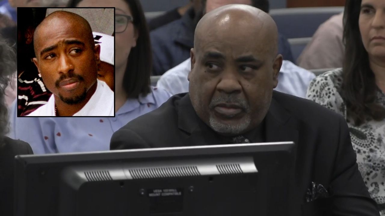Background: Duane "Keffe D" Davis appears in court as the verdict is read on Aug. 31, 2026 (Court TV). Inset: Rapper Tupac Shakur attends a voter registration event in South Central Los Angeles, Aug. 15, 1996 (AP Photo/Frank Wiese). 