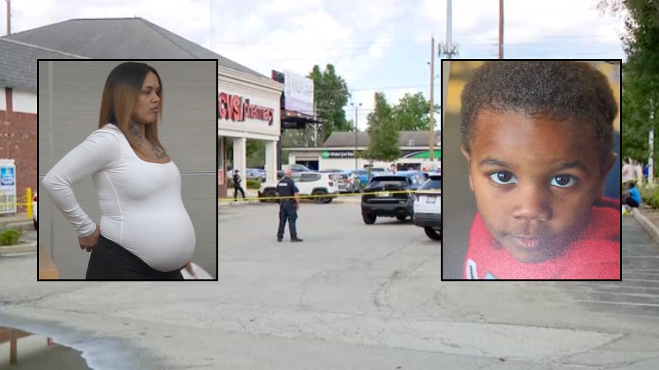 Inset, left to right: Keiara Bickett appearing in Marion County Superior Court for her sentencing hearing and Javarius Bickett (WTHR). Background: Authorities responding to the CVS where Javarius shot and killed himself (WTHR).