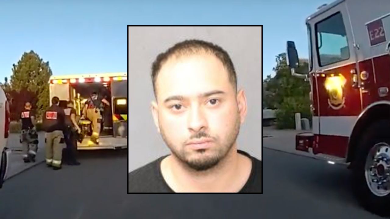 Inset: Isaiah Chavez (Bernalillo County Sheriff's Office). Background: Authorities at the home where Chavez's cousin allegedly shot herself with his gun (KRQE)