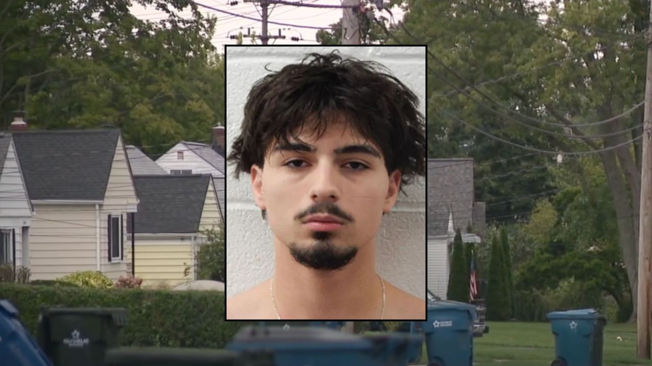 Inset: Ameen Farraj (North Olmsted Police Department). Background: The area where Farraj allegedly shot and killed his older brother (WEWS).