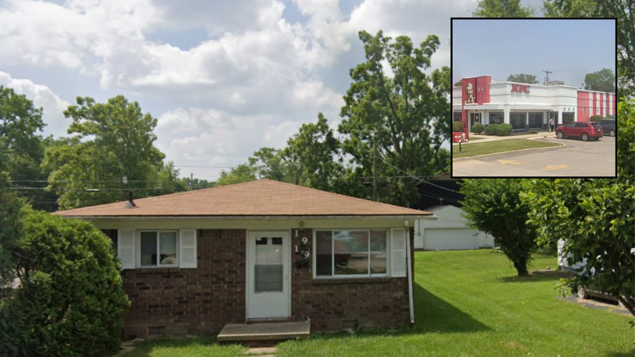 Main: The Indiana home where the defendants allegedly left their children unattended (Google Maps). Inset: The KFC where the defendants went after allegedly leaving their kids (Google Maps).
