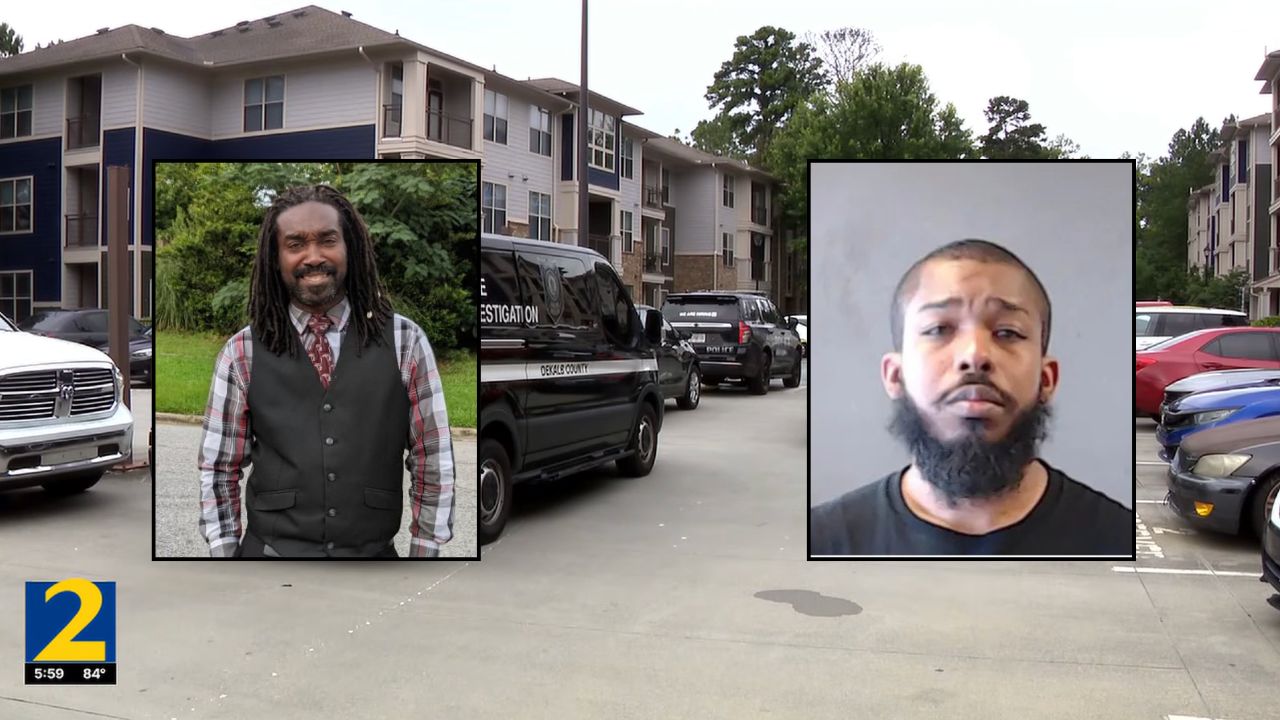 Inset, left to right: Kirwin Hinds (Facebook) and Otis Blakes (DeKalb County Sheriff's Office). Background: Authorities in the area where Blakes killed Hinds (WSB).