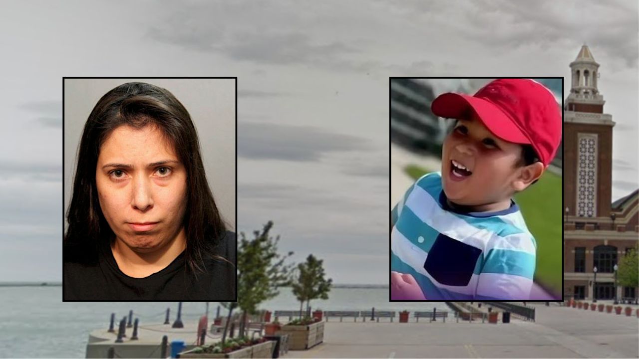 Inset, left to right: Victoria Moreno (Chicago Police Department) and Josiah Bell Brown (GoFundMe). Background: The Navy Pier in Illinois, where Moreno killed 3-year-old Josiah (Google Maps).