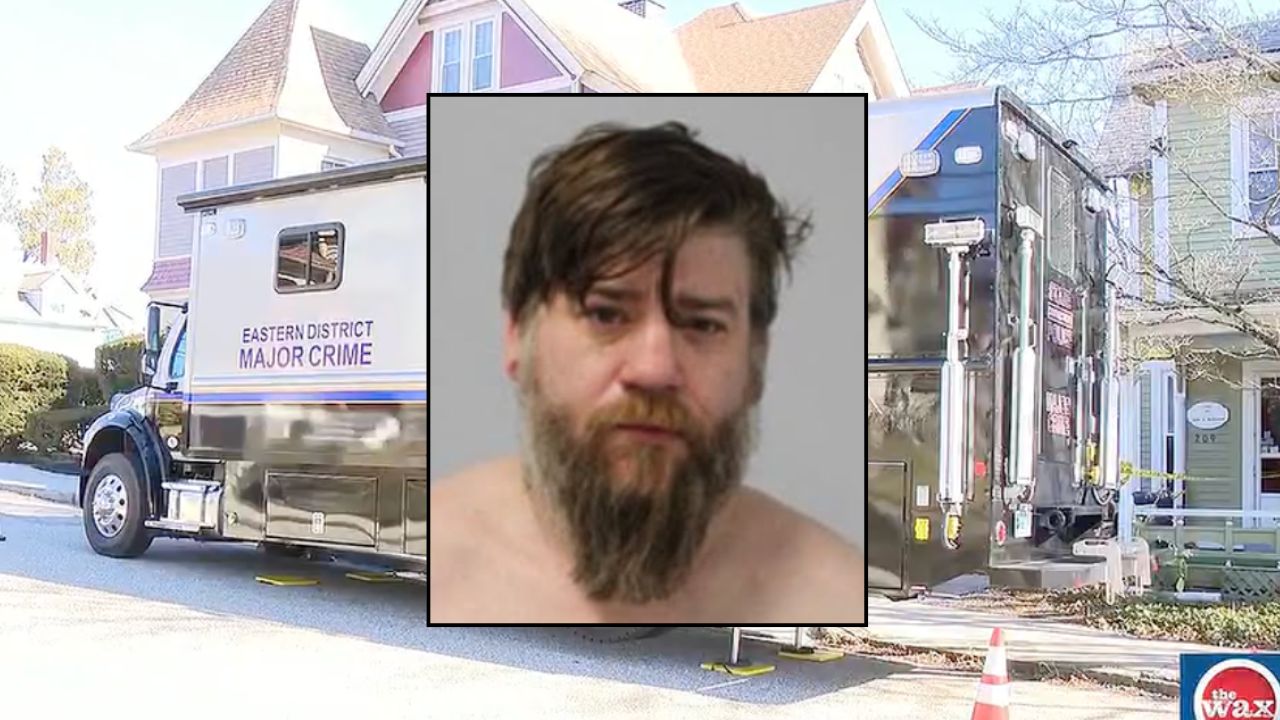 Inset: Dean R. Peruta (Willimantic Police). Background: Authorities at the home where Peruta allegedly killed his newborn son (WFSB).