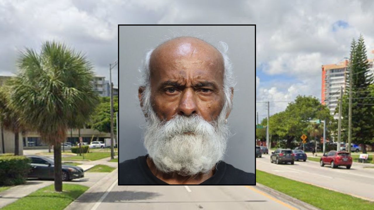 Inset: Pratapsinh K. Thakor (Miami-Dade Sheriff's Office). Background: The area in Miami where Thakor allegedly tried to fatally stab his wife (Google Maps).