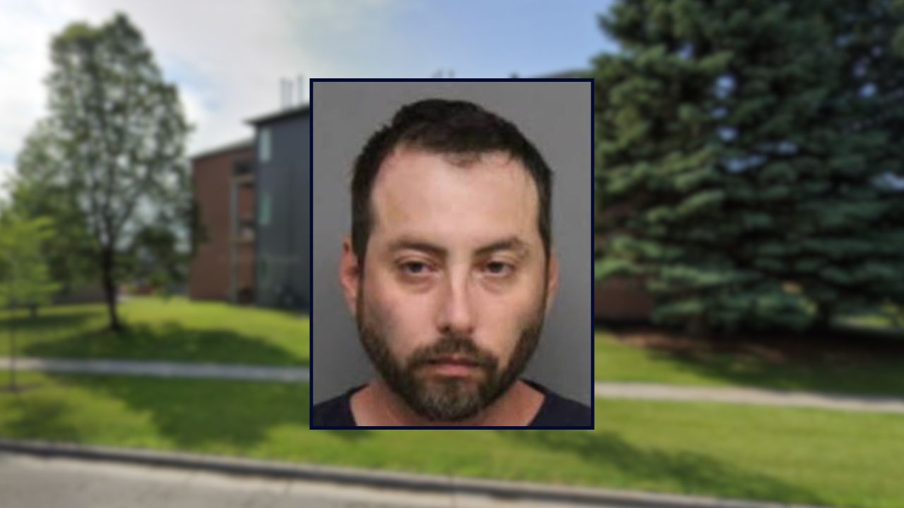 Brandon Cletus George inset against an apartment complex in Fargo.