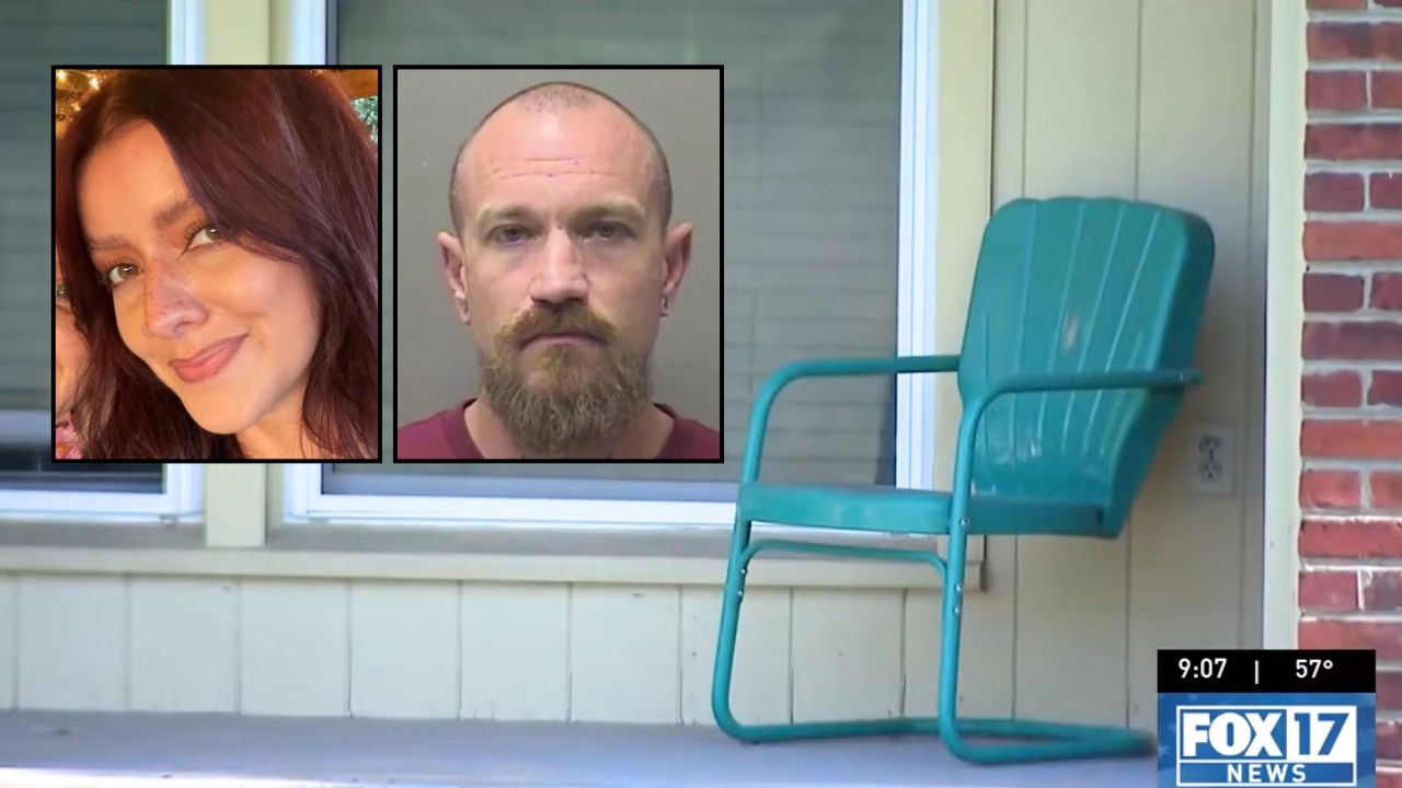 Left inset: Bailey Perger (GoFundMe). Right inset: Ross Peterson (WZTV). Background: The Tennessee home where Bailey Perger was allegedly attacked by Ross Peterson (WZTV/YouTube). 