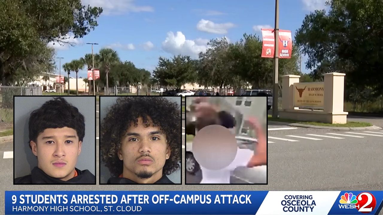 Left inset: Brian Alexander-Ramirez. Center inset: Quianelle Antonio Reyes Cintron. Right inset: Cellphone footage showing the attack on the teen victim (Osceola County Sheriff's Office). Background: The Florida high school where cops say a group of teens were told to stop harassing a girl by a schoolmate who they later attacked (WESH/YouTube).