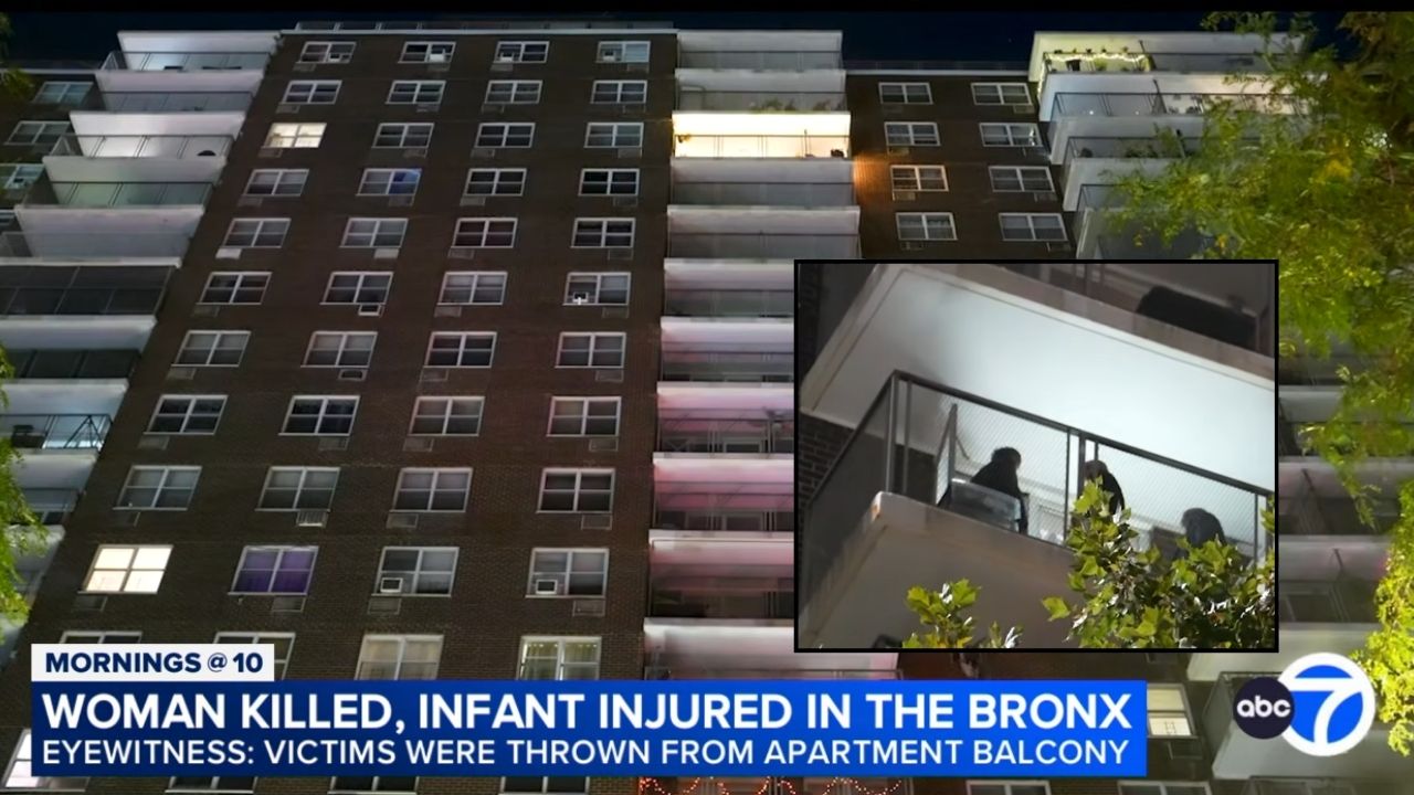 Inset: New York cops on the balcony that a Bronx mother and her infant were allegedly pushed from. Background: The New York City apartment building where the Bronx mother and her baby fell to their deaths (WABC/YouTube).