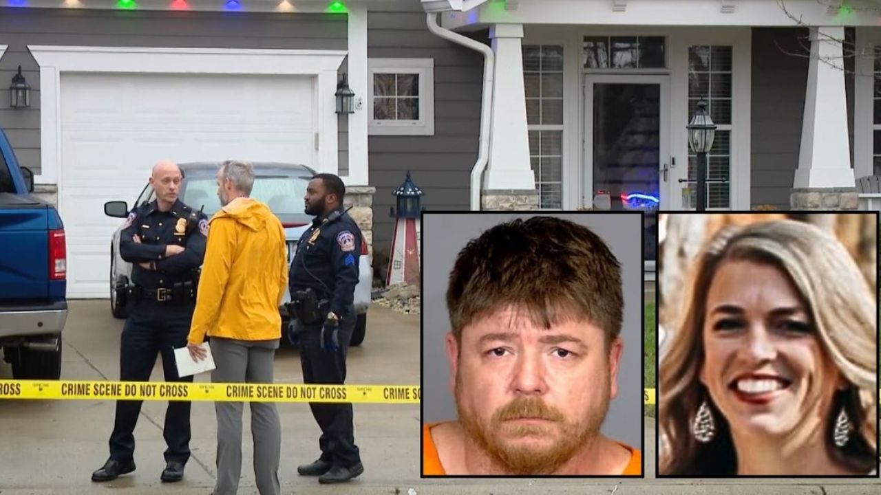 Left inset: Cecil Mains (Indianapolis Metropolitan Police Department). Right inset: Jeri Mains (GoFundMe). Background: The Indiana home where Jeri Mains was shot and killed by her husband in front of their four children (WTHR).