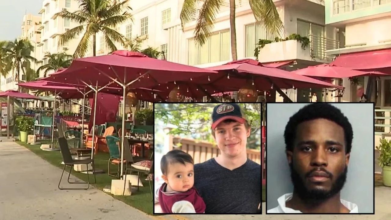 Left inset: Dustin Wakefield (GoFundMe). Right inset: Tamarius Davis (Miami-Dade Corrections and Rehabilitation). Background: The sidewalk cafe in Miami, Fla., where Dustin Wakefield was shot and killed by Tamarius Davis while protecting his son (WPLG/YouTube).