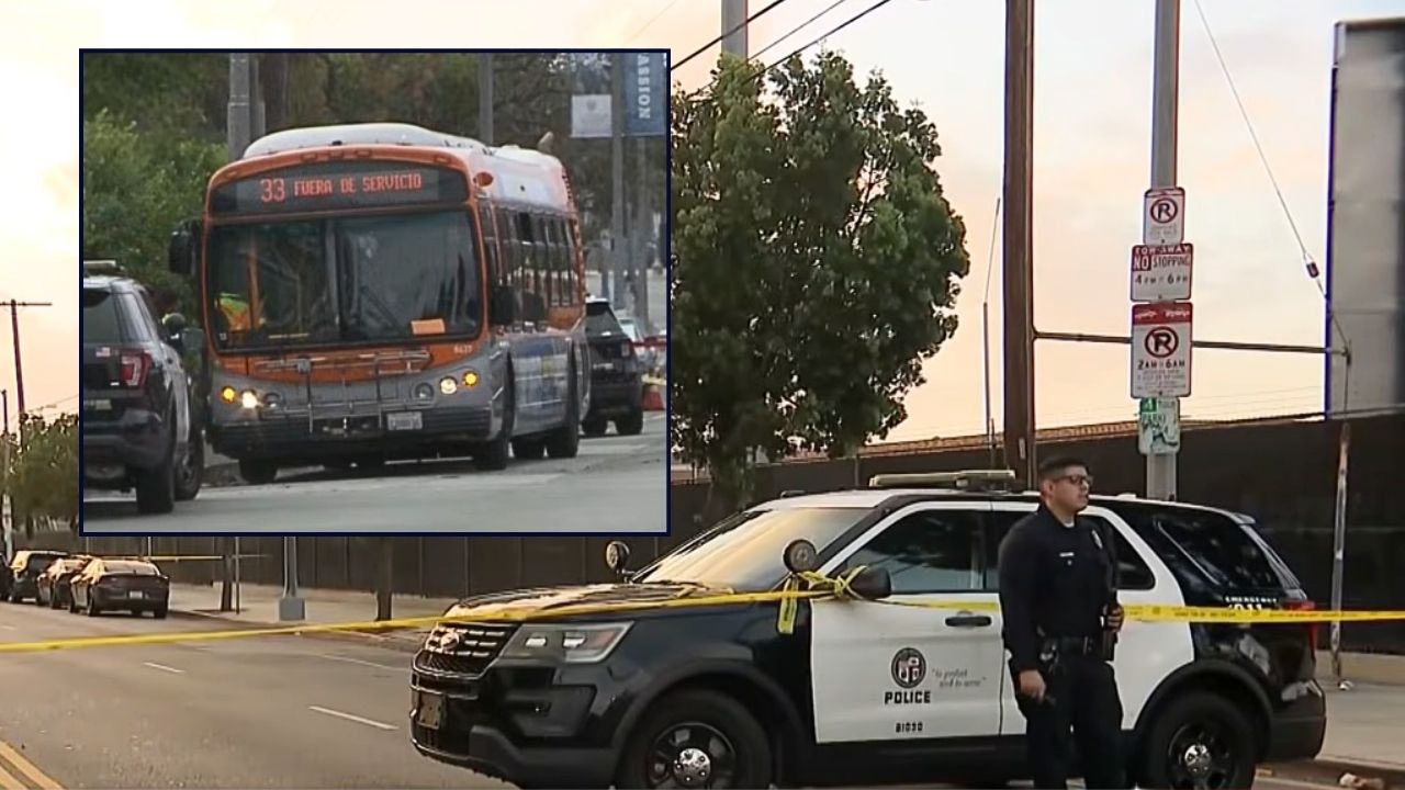Inset: The L.A. Metro bus that a woman was riding when she allegedly saw two kids being shot to death by their father (KTLA/YouTube). Background: The area in Los Angeles, Calif., where a father allegedly shot and killed his two children in broad daylight (KNBC/YouTube).