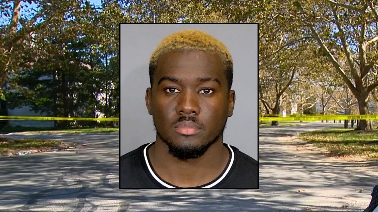 Inset: Franck Bazil (Indianapolis Metro Police Department). Background: The area where Franck Bazil allegedly hit two children while driving, killing one (WTHR/YouTube).