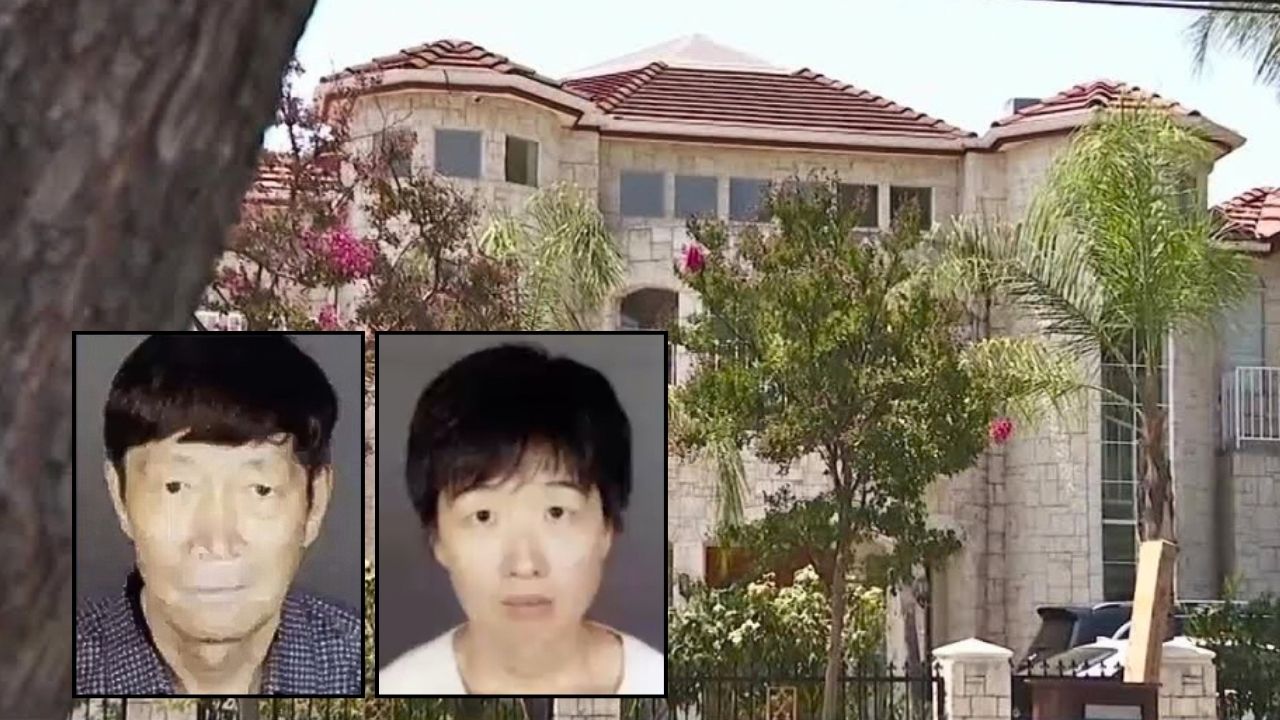 Left inset: Guojun Xuan. Right inset: Silvia Zhang (Arcadia Police Department). Background: The California mansion that Guojun Xuan and Silvia Zhang allegedly turned into a surrogacy compound where prosecutors say they abused children (KTLA/YouTube).