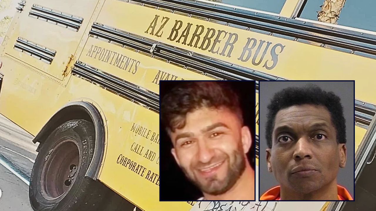 Left inset: Ilya Shimonov (Maricopa County Attorney's Office). Right inset: Robert Celifie (Maricopa County Sheriff's Office). Background: The bus that Ilya Shimonov, aka "Mike the Barber," was working out of when Robert Celifie planned his murder (Instagram).