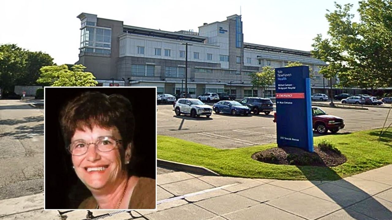 Inset: Irene Perretta (Cody White Funeral Service). Background: Bridgeport Hospital Milford Campus in Milford, Conn., where Irene Perretta was allegedly treated (Google Maps).