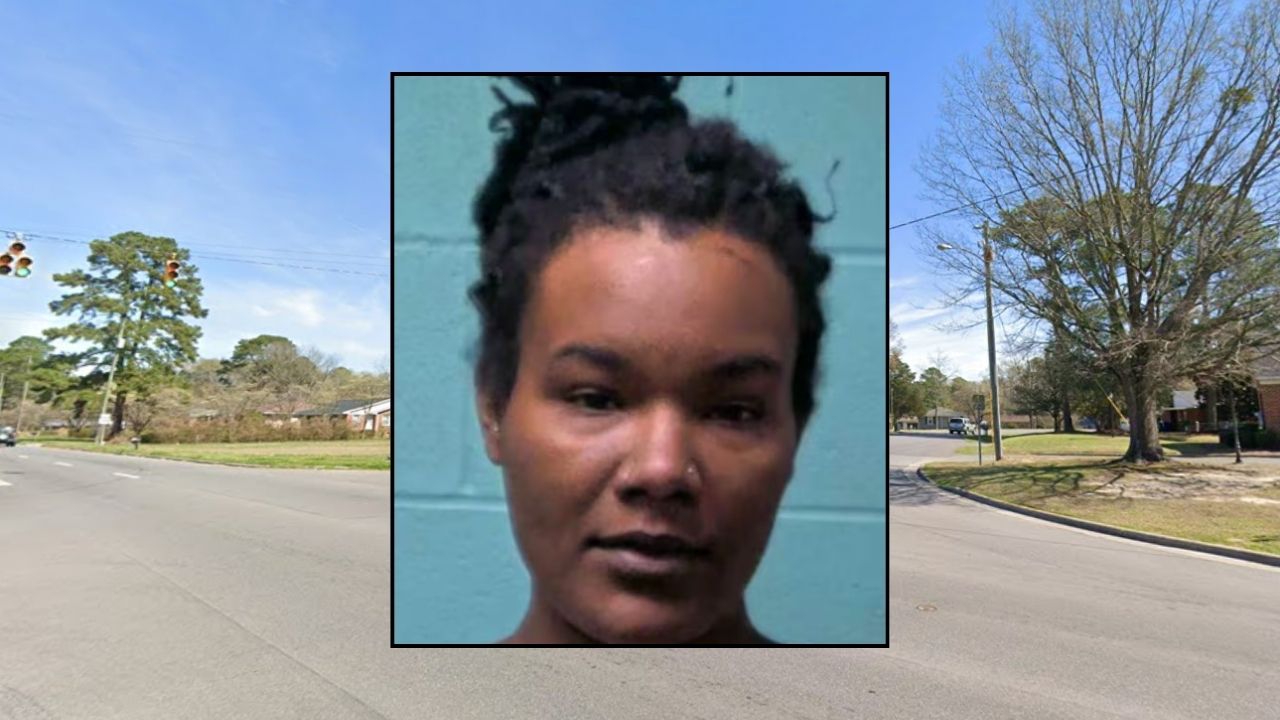 Inset: Janecia Greenfield-Williams (Lenoir County Sheriff's Office). Background: The area in Kinston, N.C., where Janecia Greenfield-Williams allegedly drove with her boyfriend on the hood of her car without stopping for nearly five miles (Google Maps).