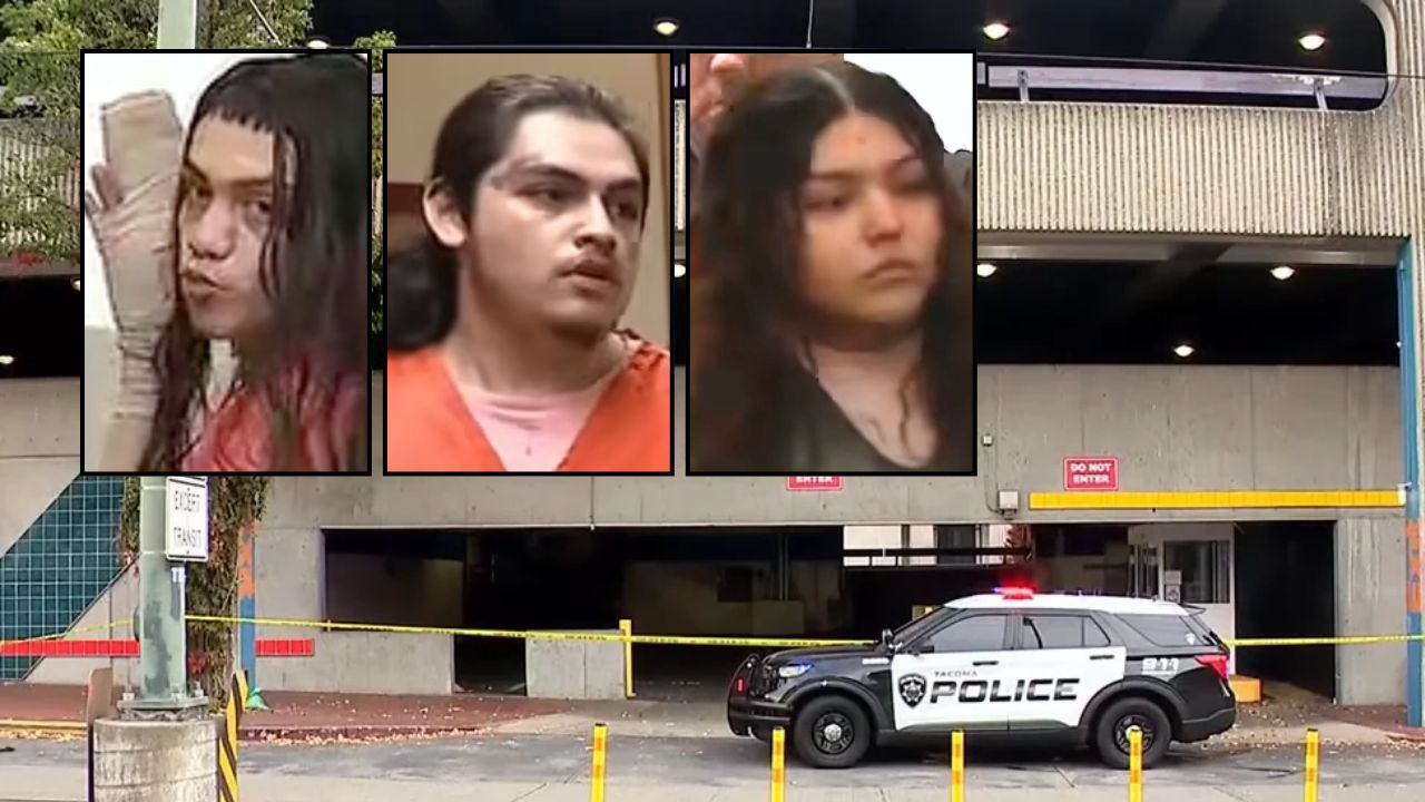 Left inset: Jose Campos, 18, allegedly blowing a kiss toward the courtroom gallery after a judge ordered him held on bail. Center inset: Davion Campos. Right inset: Alina Guillen (KIRO). Background: The parking garage in Tacoma, Wash., where Jose Campos, Davion Campos and Alina Guillen allegedly opened fire on a crowd, killing a 16-year-old boy (KOMO/YouTube).