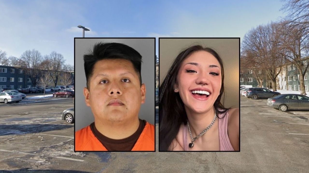 Left inset: Jose Lopez Xique (Hennepin County). Right inset Kayli Arseth (Gearty-Delmore Funeral Chapels, Inc). Background: The 7700 block of Penn Avenue South in Richfield, Minn., where Jose Lopez Xique killed Kayli Arseth (Google Maps).