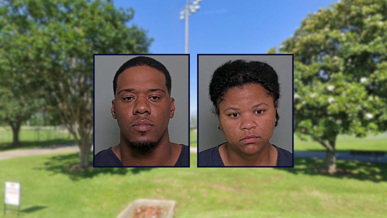 Kiarious Hall and Jazmine Hall inset against a park in Texas.