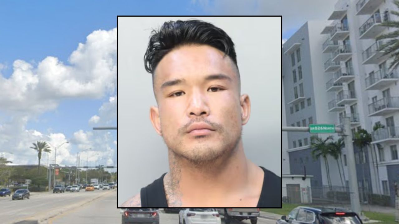 Inset: Khuslen Saruultuya (Turner Guilford Knight Correctional Center). Background: The area in Florida where Saruultuya allegedly shot an Uber Eats driver (Google Maps).