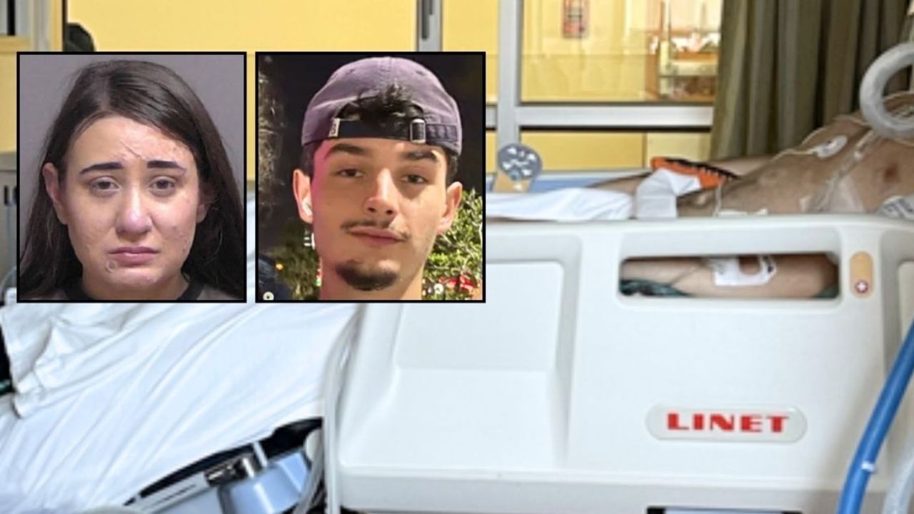 Left inset: Leigha Mumby (Flagler County Sheriff's Office). Right inset: Daniel Waterman (GoFundMe). Background: Daniel Waterman in the hospital after Leigha Mumby caused a car crash in Florida that left him critically injured (GoFundMe).