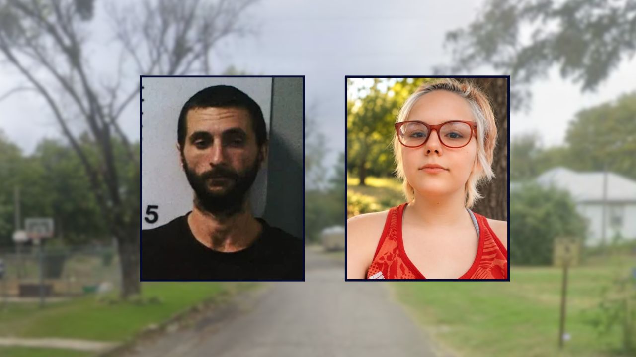 Austin Morrison and Stephanie Strock inset against a residential street in Oklahoma.