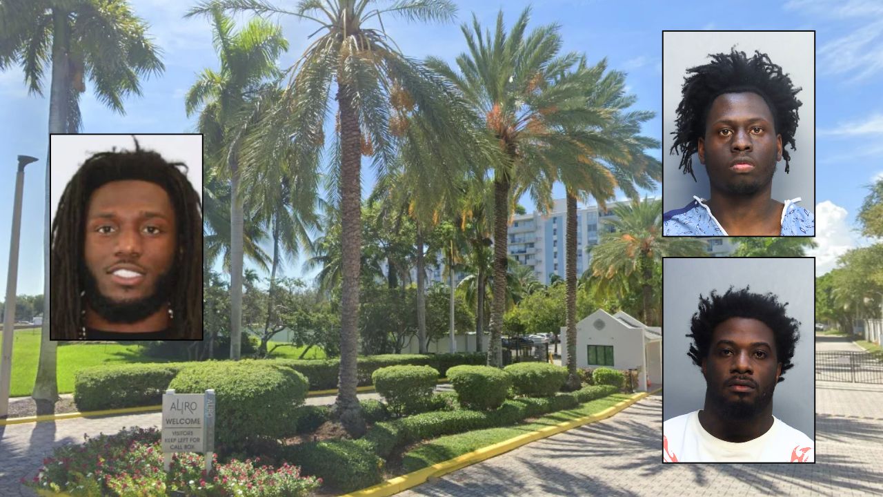 Background: The Aliro luxury apartment complex in North Miami, Florida (Google Maps). Insets, clockwise from left: Eddrick Malik Bethune (Miami-Dade Sheriff's Office), Devorise Carl Johnson (Miami Dade Corrections and Rehabilitation), Naquon Jahrell Fagan (Miami Dade Corrections and Rehabilitation). 