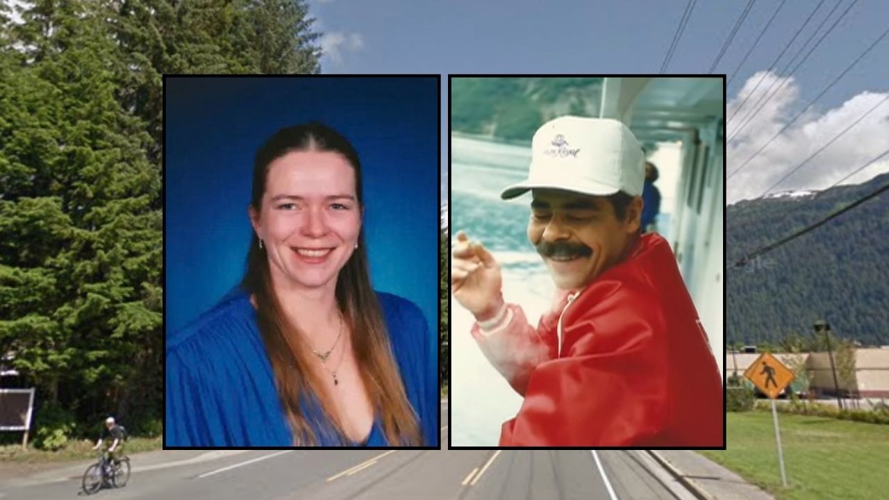 Left inset: Sheryl Ann McDonald-Pasquan (Legacy Funeral and Cremation). Right inset: Ross Pasquan (KTUU/YouTube). Background: The area in Alaska where Sheryl Ann McDonald-Pasquan lived with her husband, Ross Pasquan, dead in a "chest freezer," according to police (Google Maps). 