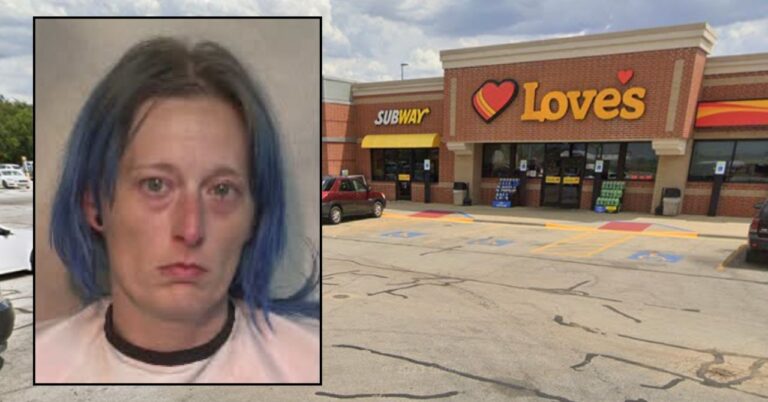 Inset: Kayla M. Christensen (Newton County Jail). Background: The Missouri truck stop where Christensen allegedly abandoned her 4-year-old daughter (Google Maps).