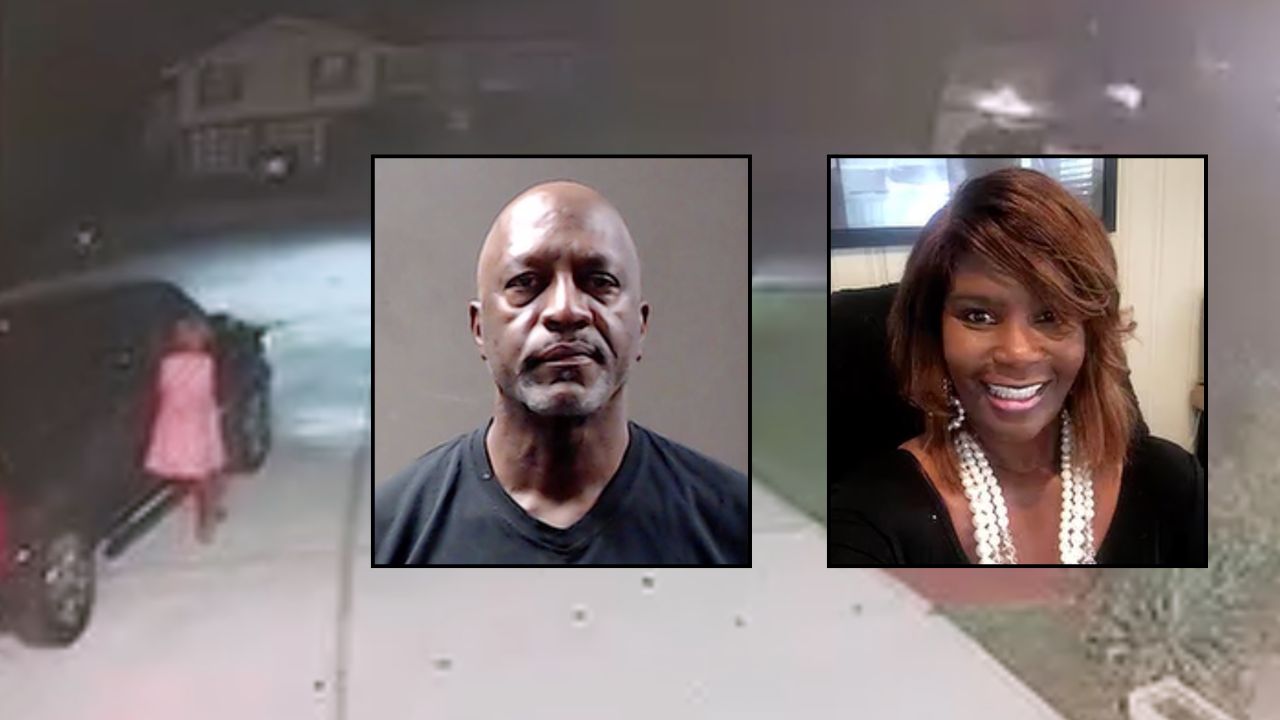 Inset, left to right: Nelson Clements (DeKalb County Police) and Janice F. Clements (Gregory B. Levett & Sons Funeral Home). Background: An image of Janice Clements holding on to the door of Nelson Clements' car before she was fatally run over (WSB).