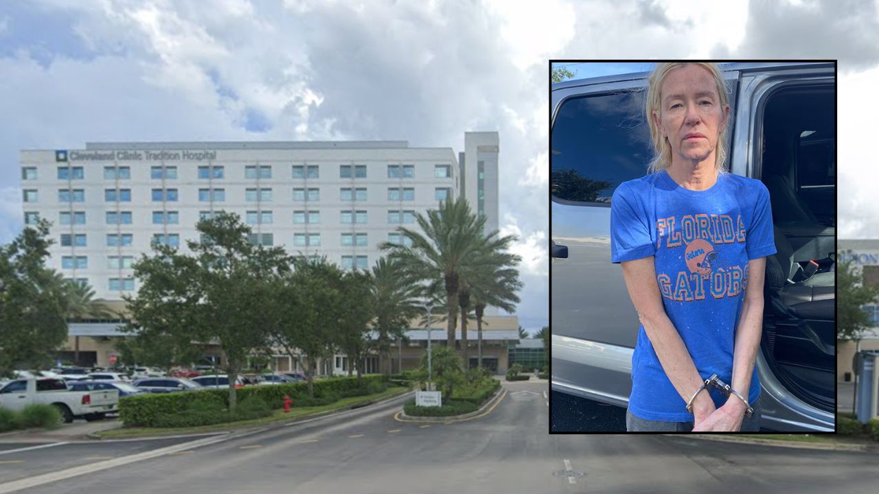 Inset: Leslie Pope (Port St. Lucie Police Dept.). Background: The Cleveland Clinic Tradition Hospital, where Pope worked as an ICU nurse (Google Maps).