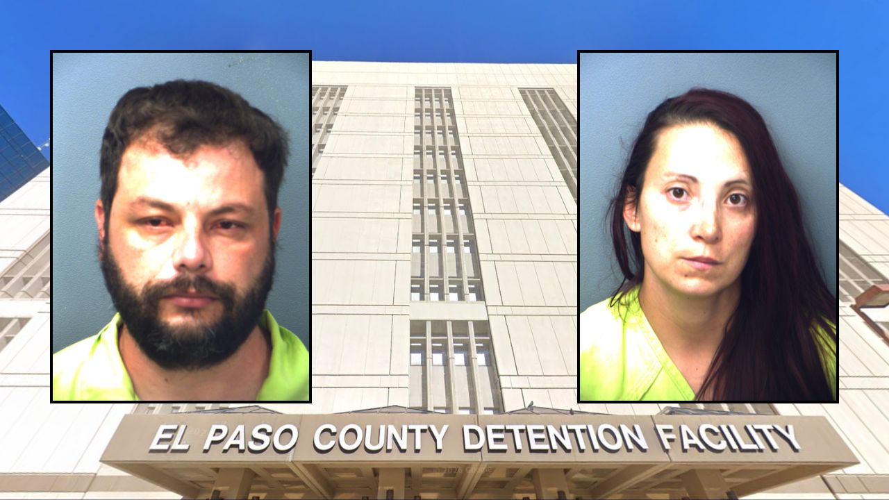 Inset, left to right: Timothy Sibley and Katrina Sibley (El Paso Police Department). Background: The El Paso County Detention Center (Google Maps).
