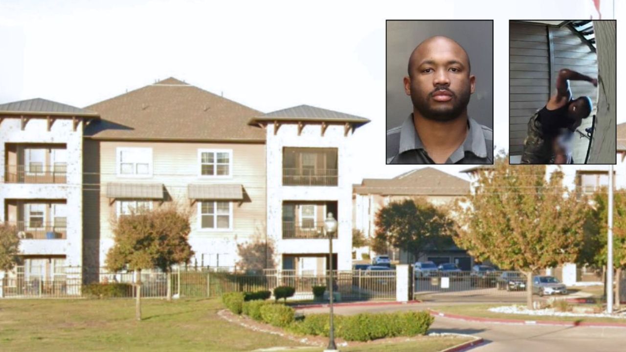 Background: The Legend Apartments in Waco, Texas (Google Maps). Inset left: Paul Thames (McLennan County Sheriff's Office/KWTX). Inset right: Ring footage of Thames appearing to assault a child (Waco Police Dept./KWTX) .